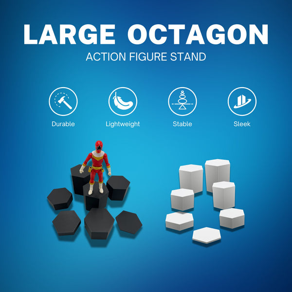 Large Octagon Action Figure Stands – Durable Display Set in Matte White or Black, Individual Heights or Full Set Available