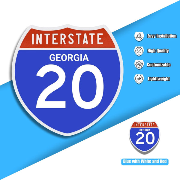 Interstate 20 Road Sign Replica | 8.53 x 8.54 Inches | Blue with White and Red