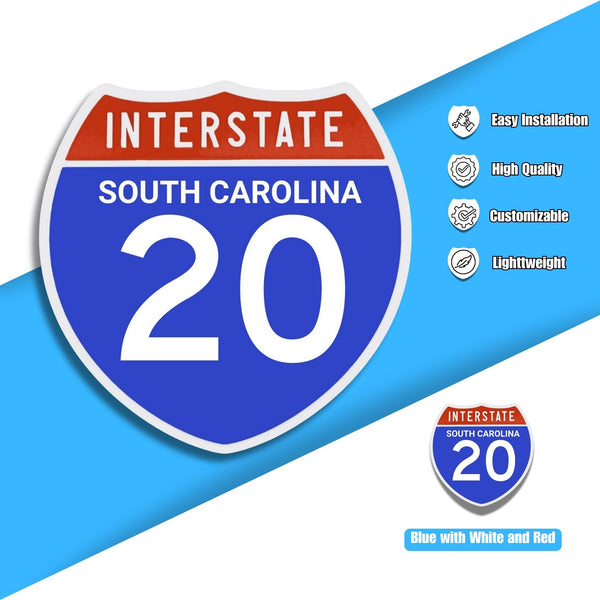 Interstate 20 Road Sign Replica | 8.53 x 8.54 Inches | Blue with White and Red