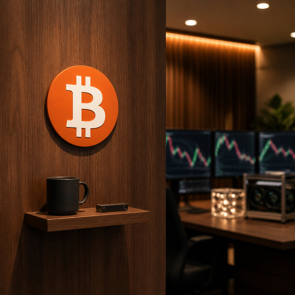 Terracotta orange circular Bitcoin crypto logo wall decor in a institutional crypto-fund trading office with softly blurred trading monitors.