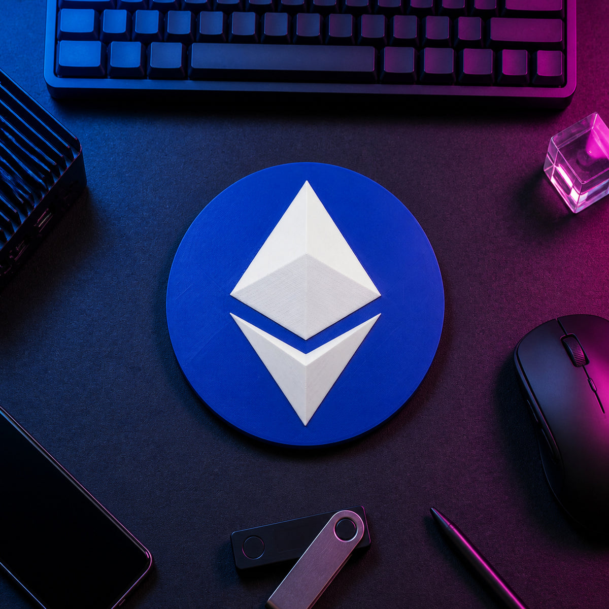 Cobalt blue circular Ethereum crypto logo sign displayed flat on a neon-lit trader desk beside a keyboard, hardware wallet, and technical equipment.
