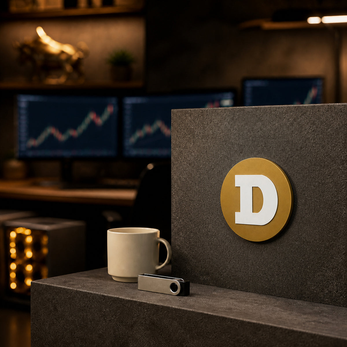 Gold circular Dogecoin crypto logo wall decor in a premium retail crypto-trader studio with softly blurred trading monitors.