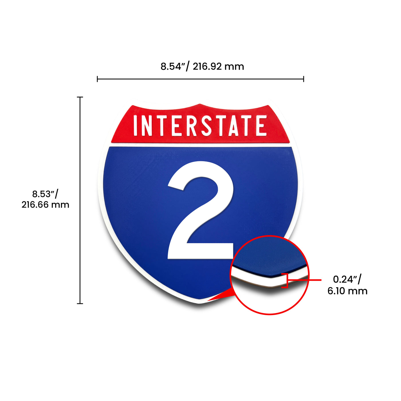 Interstate 2 Number Only road sign replica dimension view