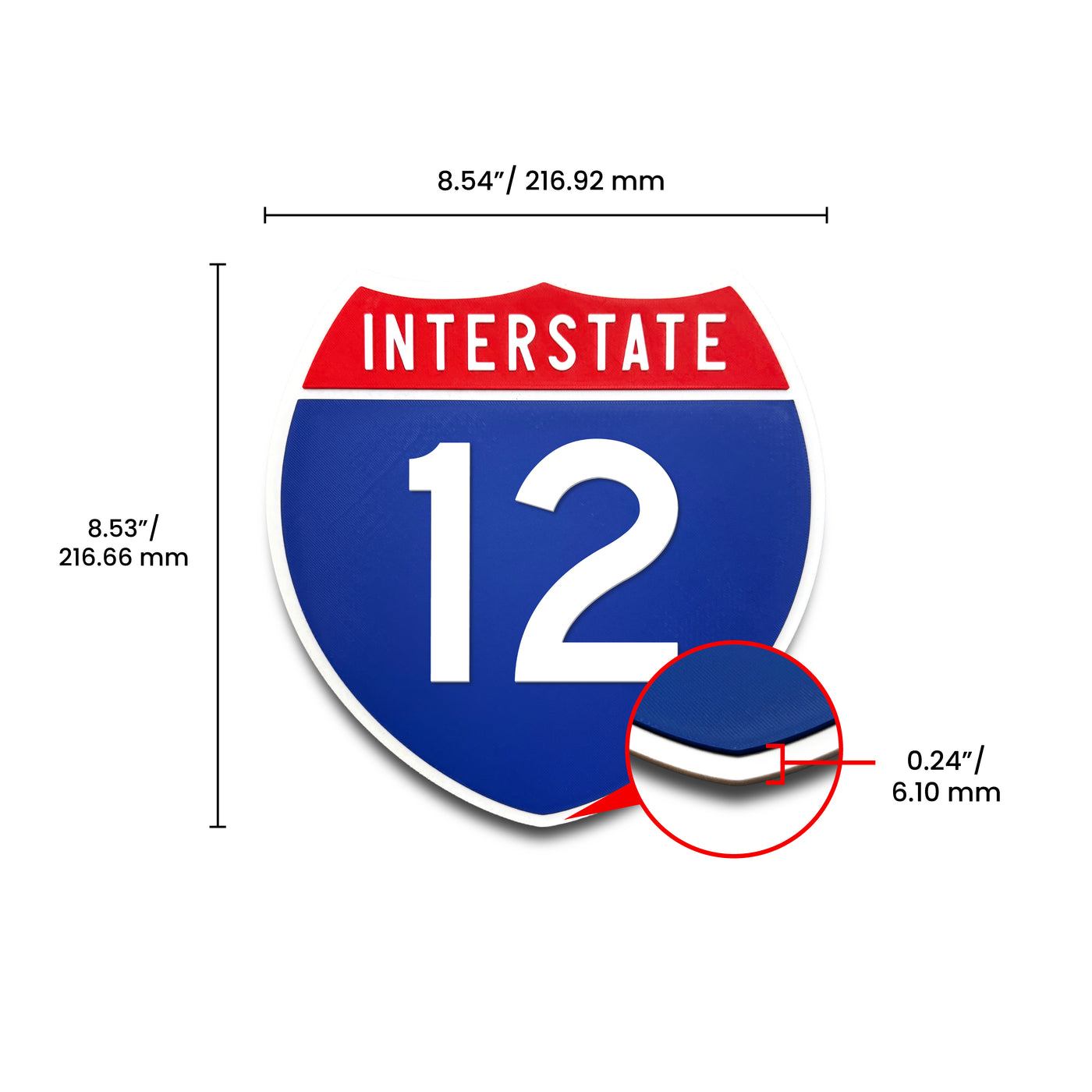 Interstate 12 Number Only road sign replica dimension view