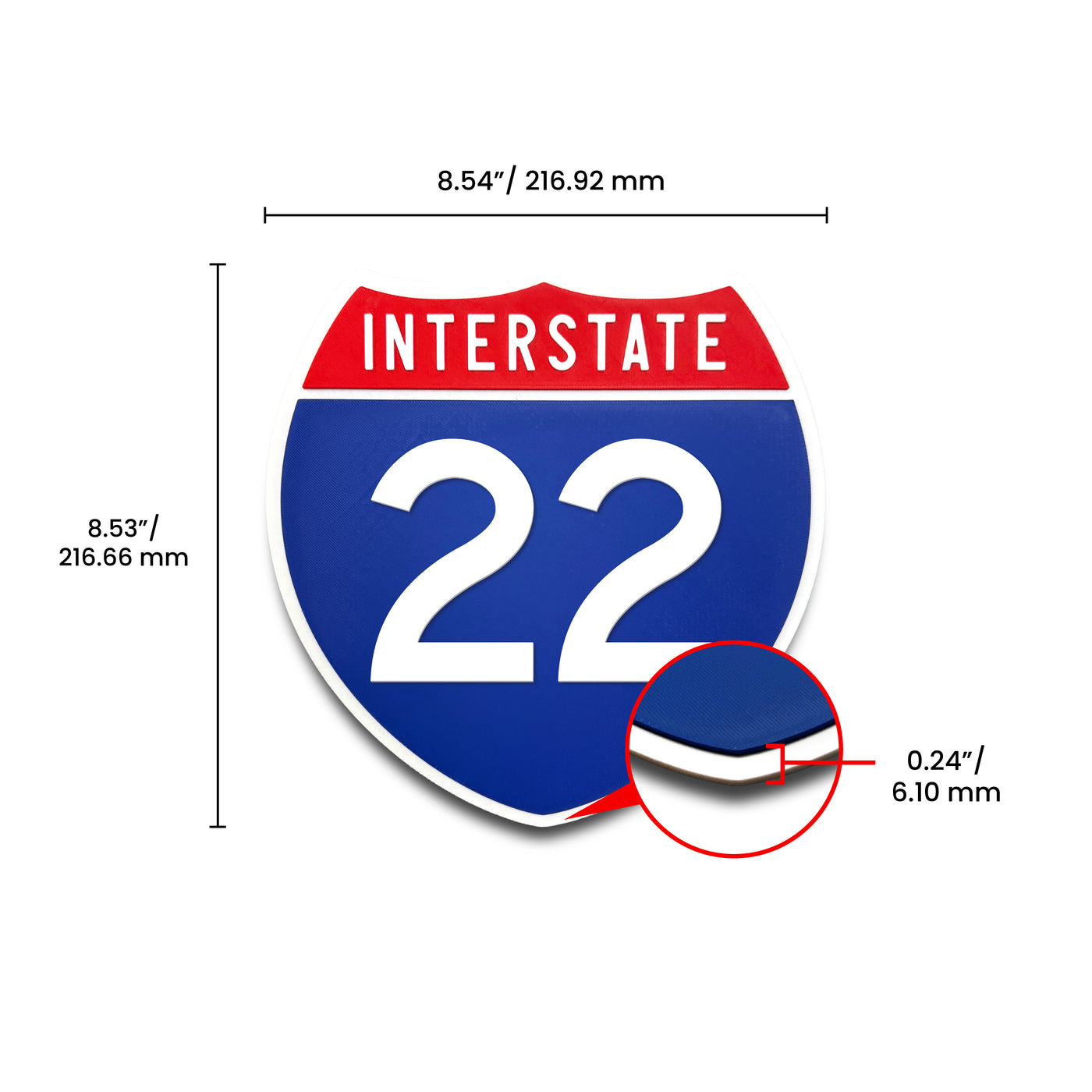 Interstate 22 Number Only road sign replica dimension view