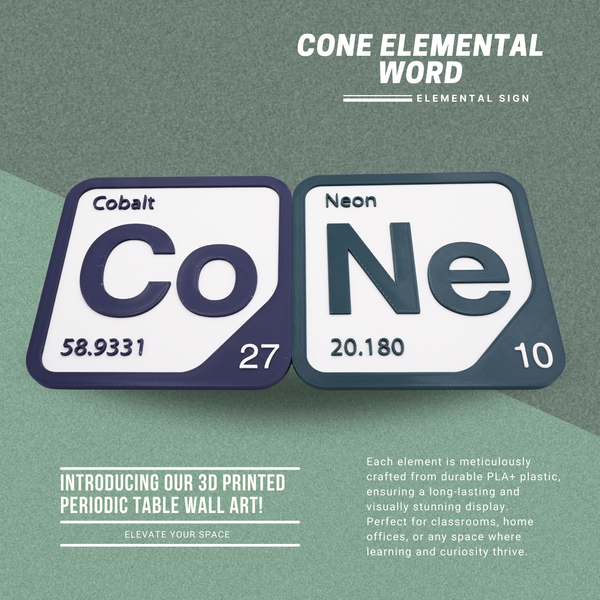 Periodic Table Word Sign - 'CONE' (Cobalt + Neon) - 5.63 in x 5.63 - Durable & Eco-Friendly STEM Decor