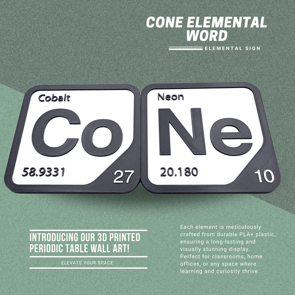 Periodic Table Word Sign - 'CONE' (Cobalt + Neon) - 5.63 in x 5.63 - Durable & Eco-Friendly STEM Decor