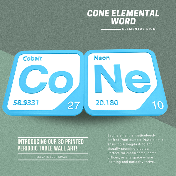 Periodic Table Word Sign - 'CONE' (Cobalt + Neon) - 5.63 in x 5.63 - Durable & Eco-Friendly STEM Decor