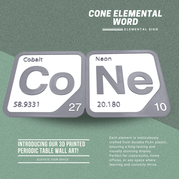 Periodic Table Word Sign - 'CONE' (Cobalt + Neon) - 5.63 in x 5.63 - Durable & Eco-Friendly STEM Decor