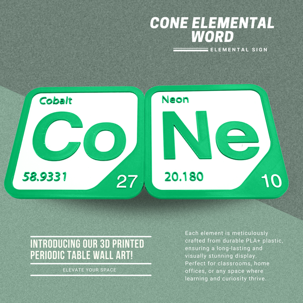 Periodic Table Word Sign - 'CONE' (Cobalt + Neon) - 5.63 in x 5.63 - Durable & Eco-Friendly STEM Decor