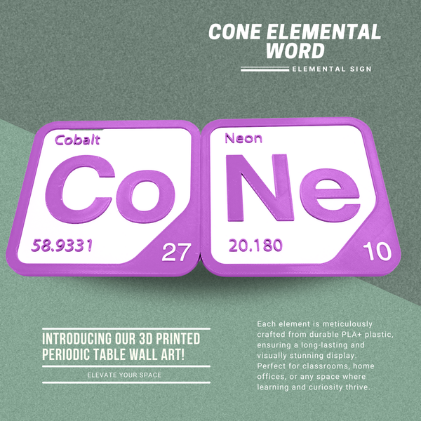 Periodic Table Word Sign - 'CONE' (Cobalt + Neon) - 5.63 in x 5.63 - Durable & Eco-Friendly STEM Decor