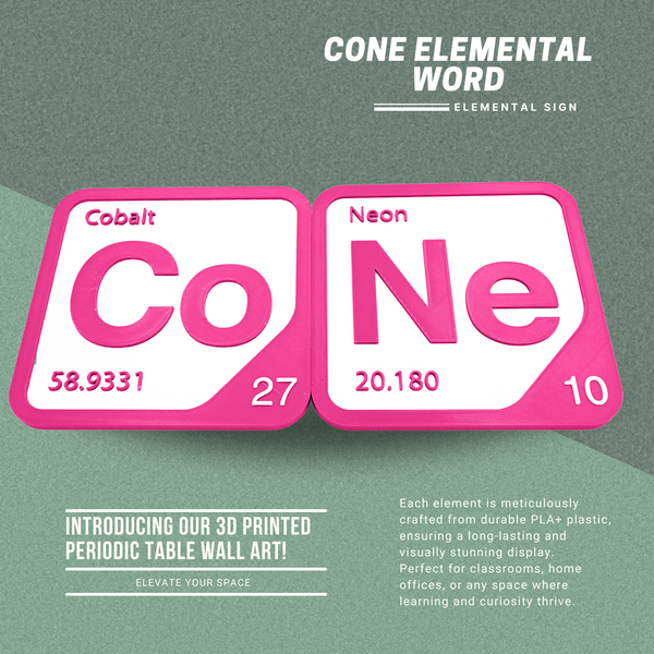 Periodic Table Word Sign - 'CONE' (Cobalt + Neon) - 5.63 in x 5.63 - Durable & Eco-Friendly STEM Decor