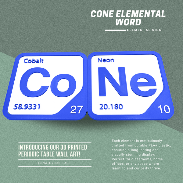 Periodic Table Word Sign - 'CONE' (Cobalt + Neon) - 5.63 in x 5.63 - Durable & Eco-Friendly STEM Decor