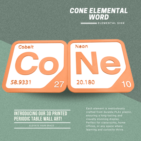 Periodic Table Word Sign - 'CONE' (Cobalt + Neon) - 5.63 in x 5.63 - Durable & Eco-Friendly STEM Decor