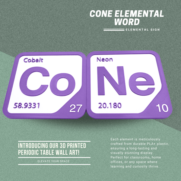 Periodic Table Word Sign - 'CONE' (Cobalt + Neon) - 5.63 in x 5.63 - Durable & Eco-Friendly STEM Decor