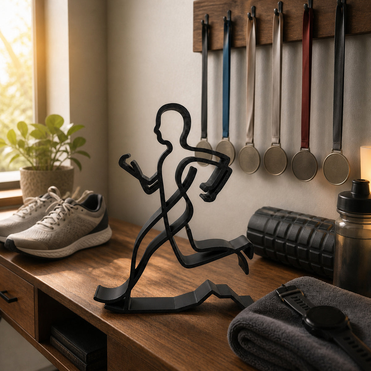 Runner line-art sculpture displayed in a bright home training space