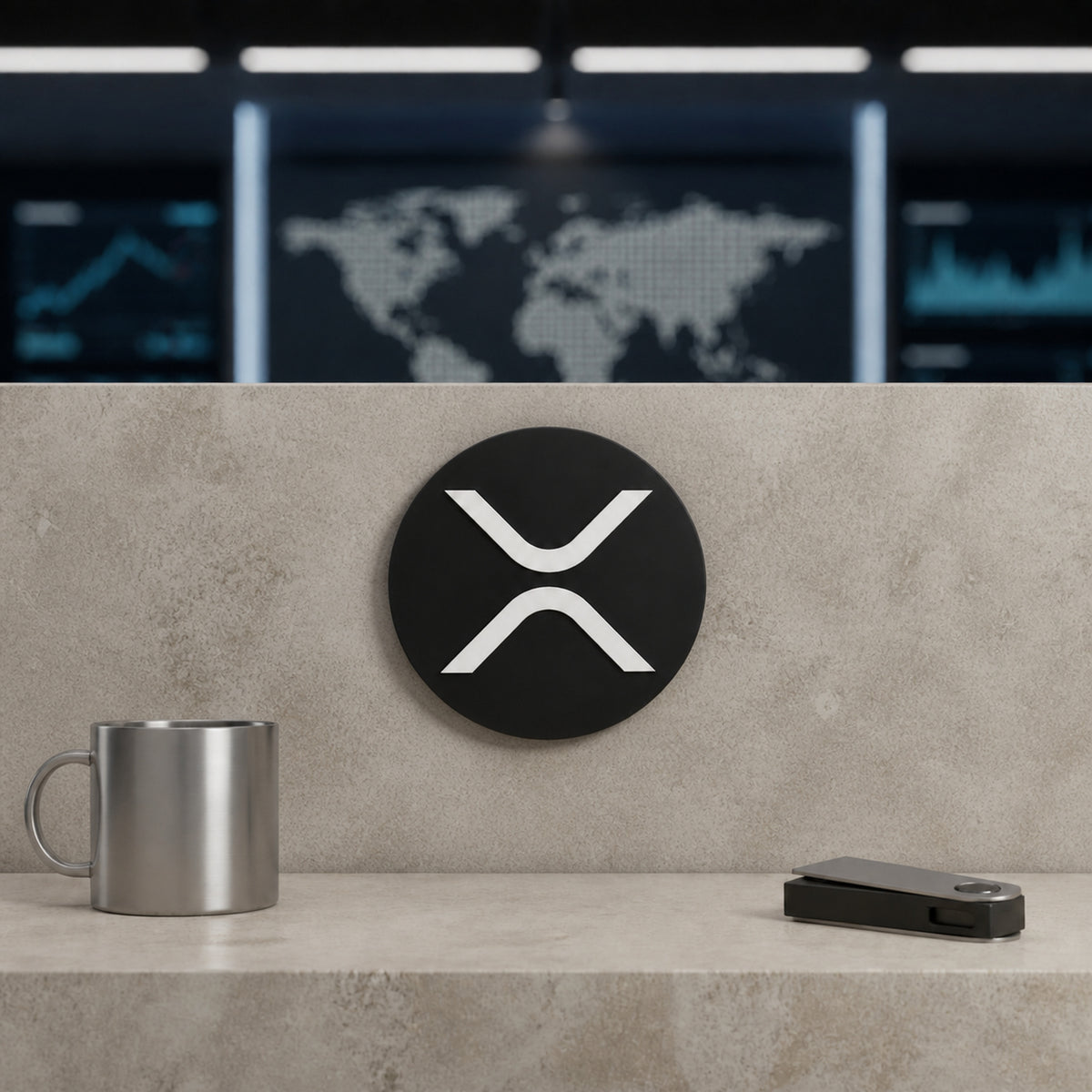 Black and white circular wall-mounted XRP crypto logo wall decor in a cross-border payments operations room with softly blurred trading monitors.