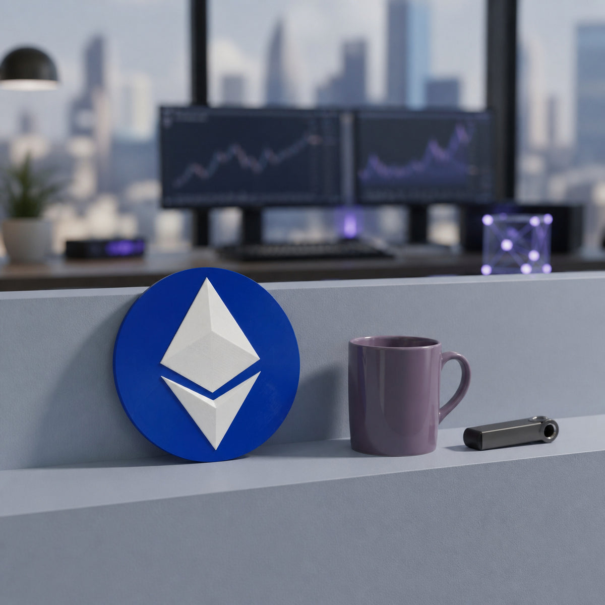Cobalt blue circular Ethereum crypto logo wall decor in a smart-contract developer trading loft with softly blurred trading monitors.