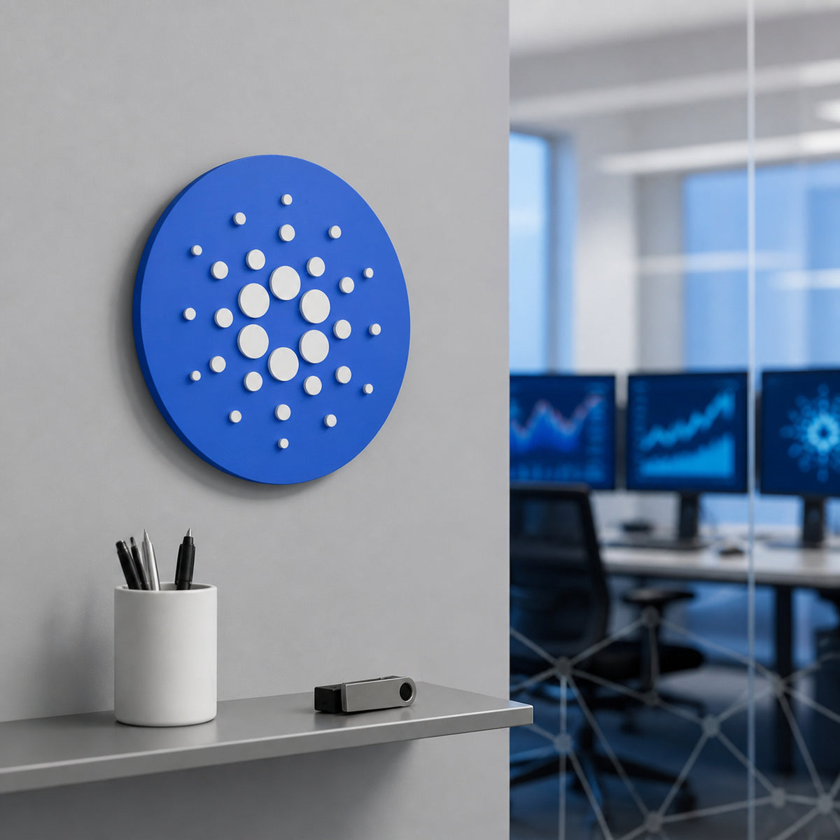 Blue circular Cardano crypto logo wall decor in a blockchain research and analytics office with softly blurred trading monitors.