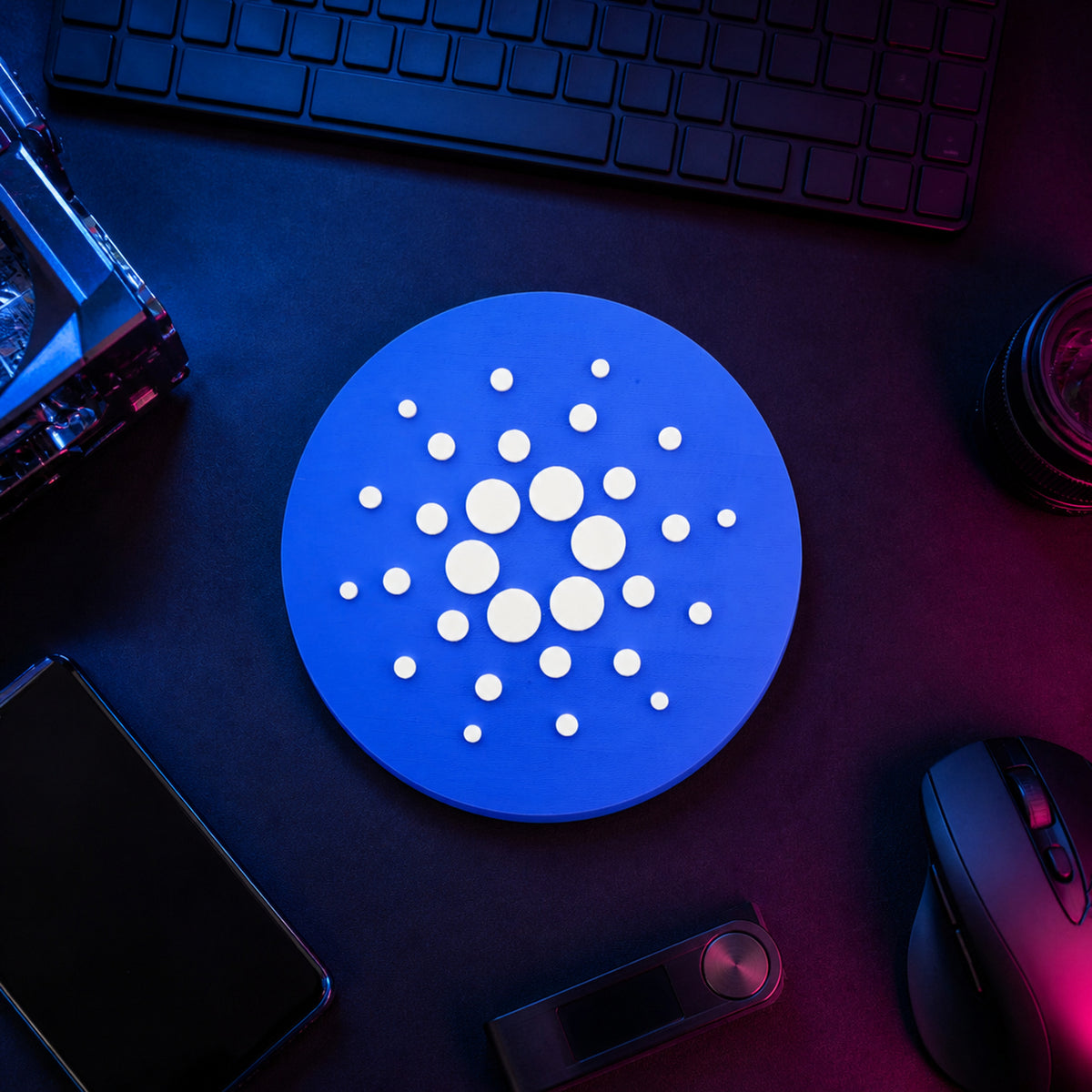 Blue circular Cardano crypto logo sign displayed flat on a neon-lit trader desk beside a keyboard, hardware wallet, and technical equipment.