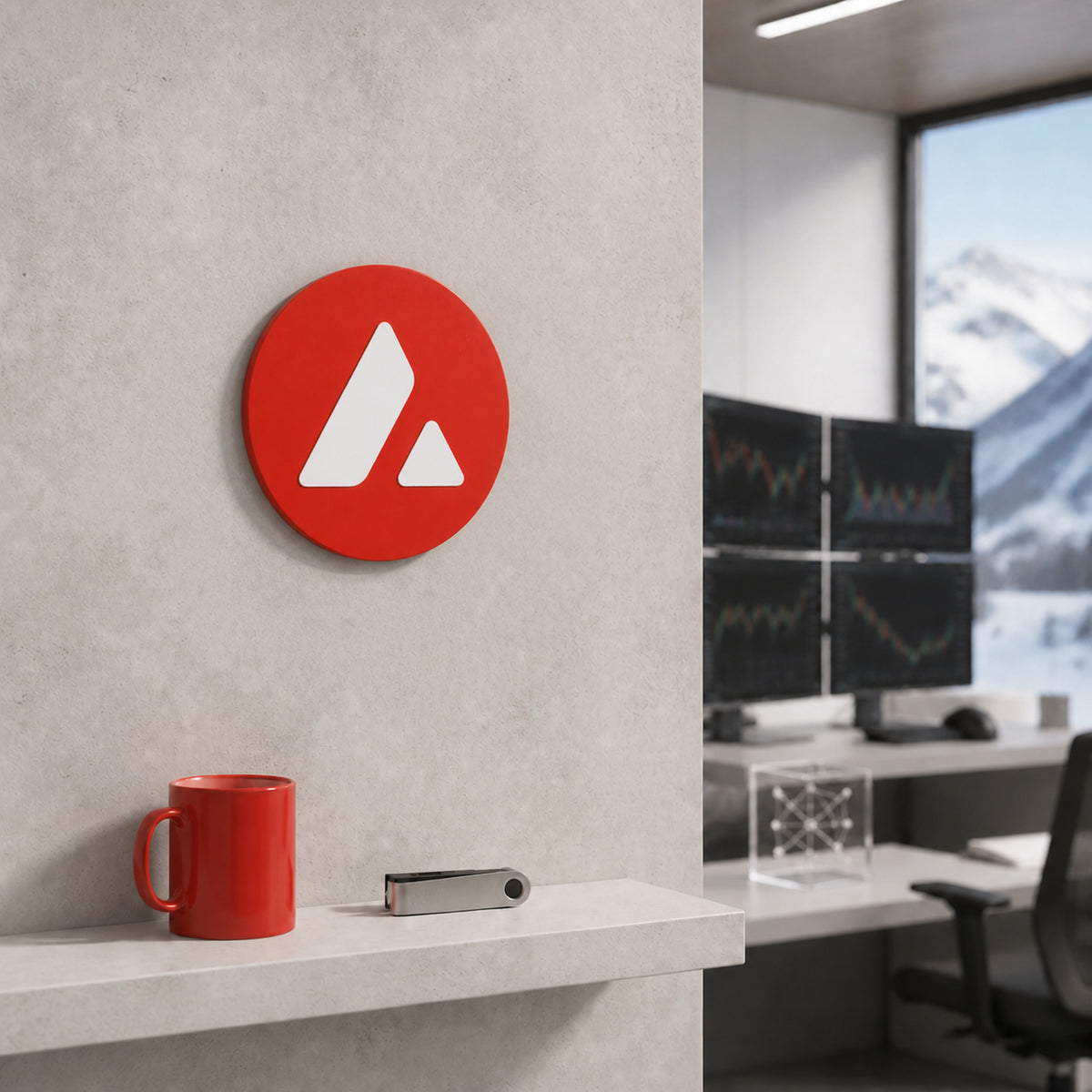 Red circular Avalanche crypto logo wall decor in a alpine quantitative-research office with softly blurred trading monitors.