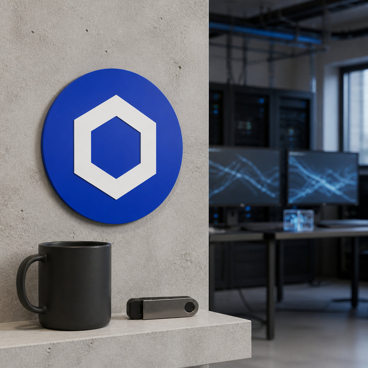 Blue circular Chainlink crypto logo wall decor in a oracle-network infrastructure command room with softly blurred trading monitors.