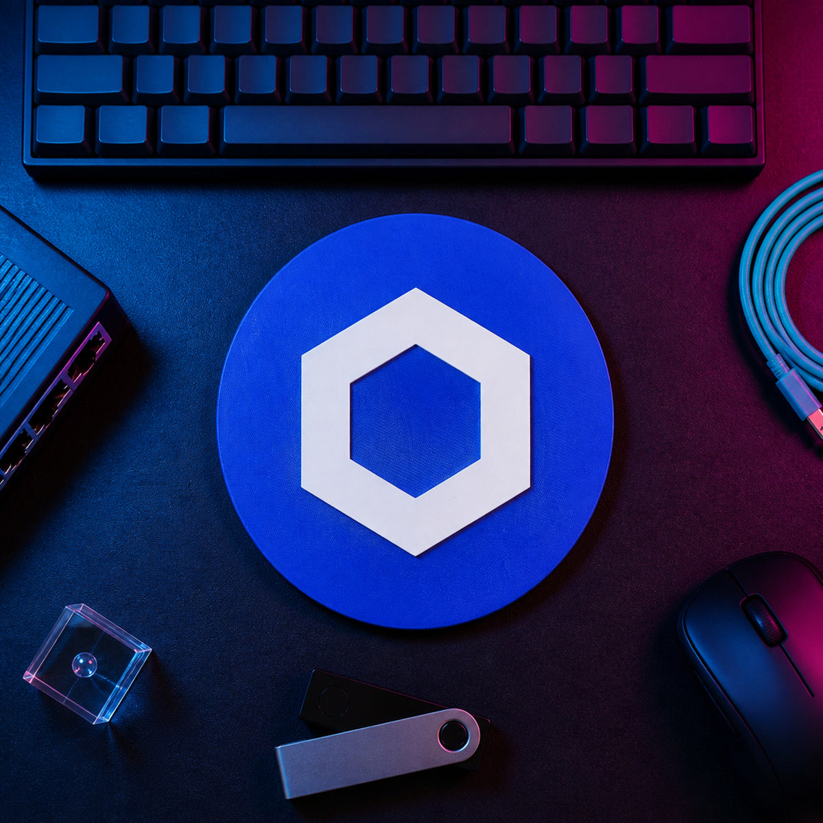 Blue circular Chainlink crypto logo sign displayed flat on a neon-lit trader desk beside a keyboard, hardware wallet, and technical equipment.