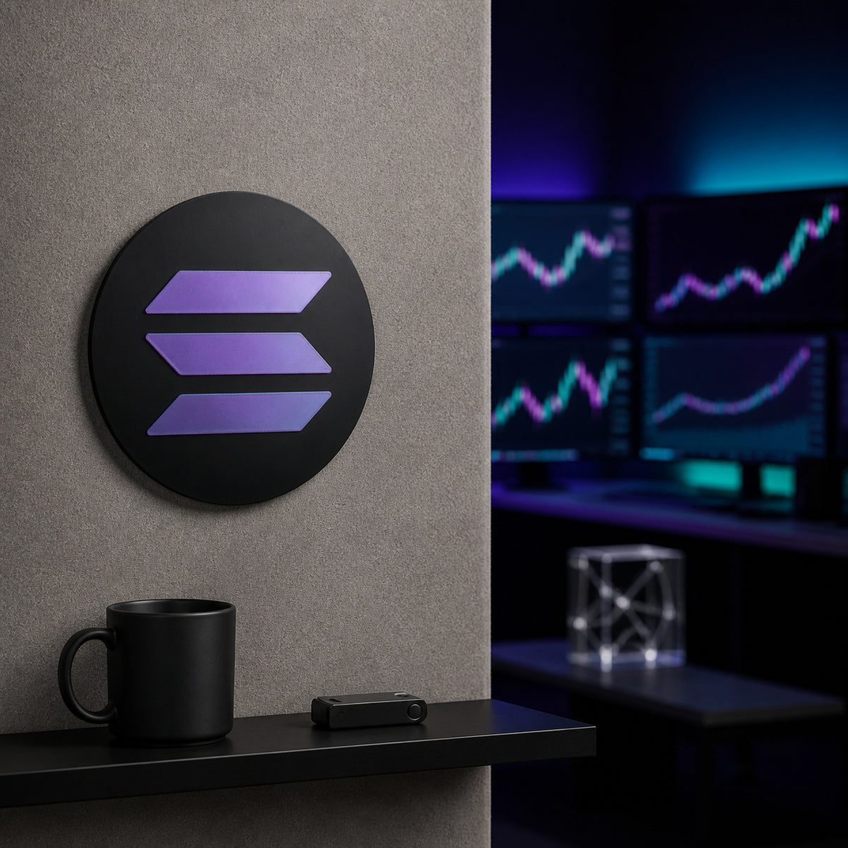 Black and purple circular Solana crypto logo wall decor in a after-hours trading command room with softly blurred trading monitors.