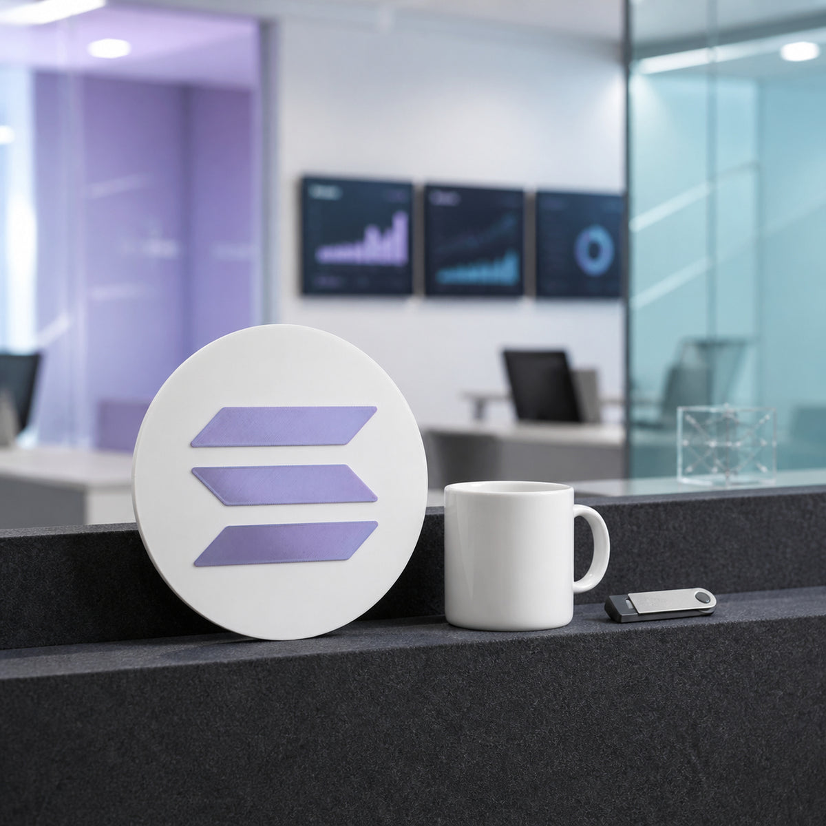 White and purple circular Solana crypto logo wall decor in a bright web3 founder office with softly blurred trading monitors.