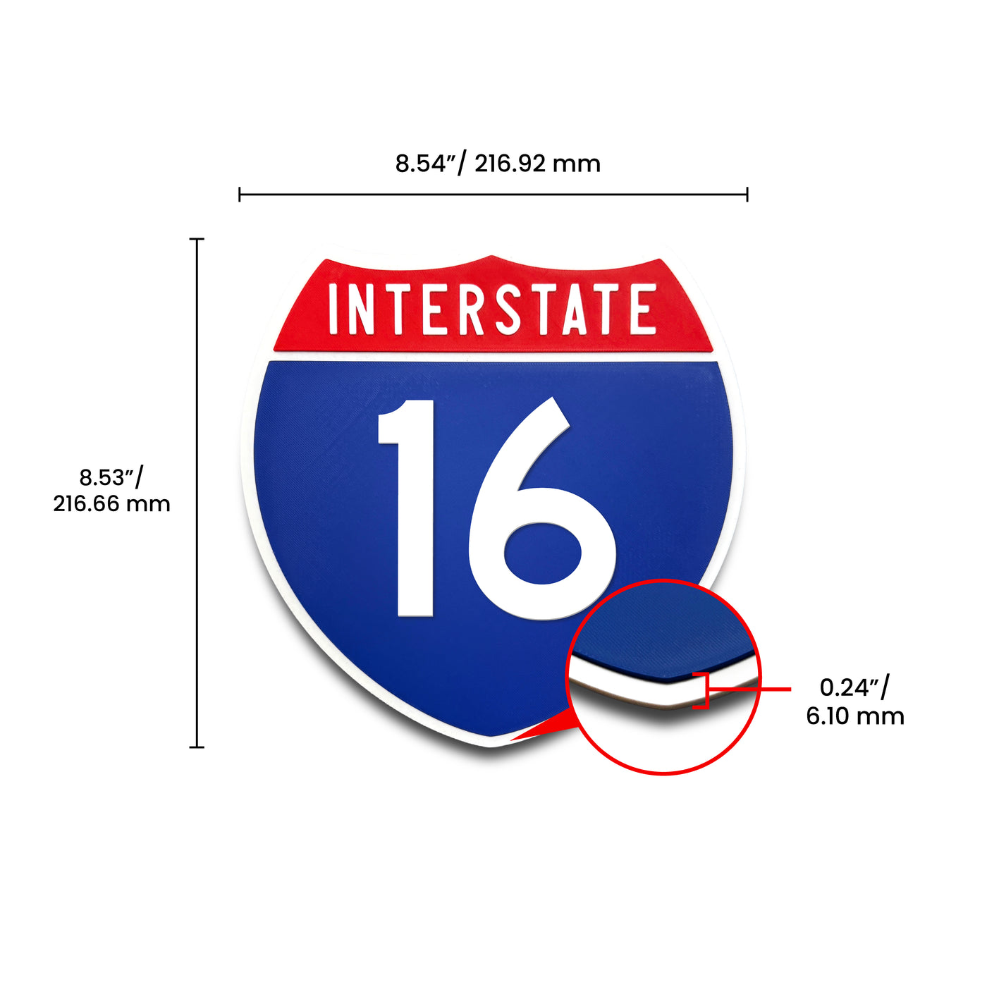 Interstate 16 Number Only road sign replica dimension view