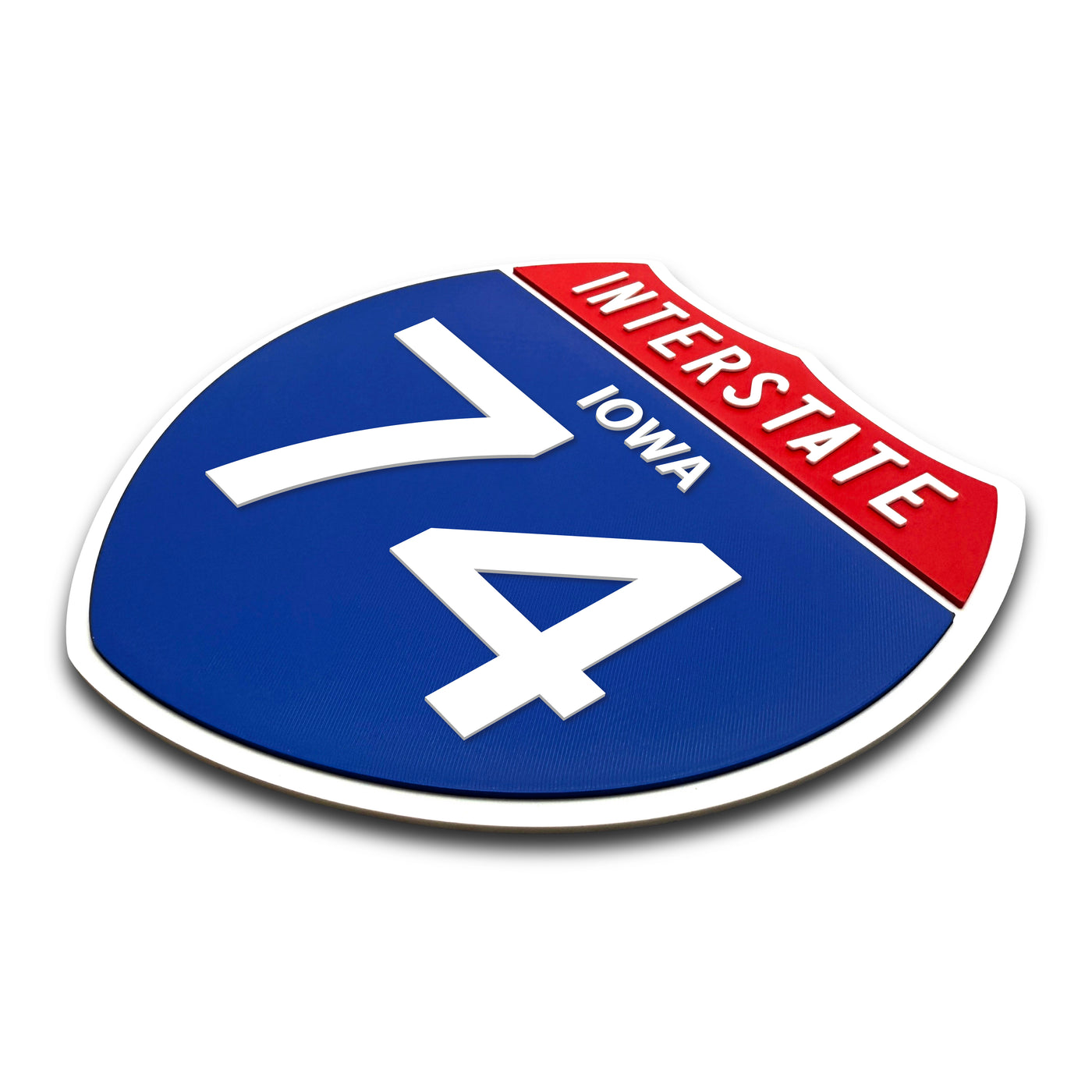 Interstate 74 Iowa road sign replica three-quarter view